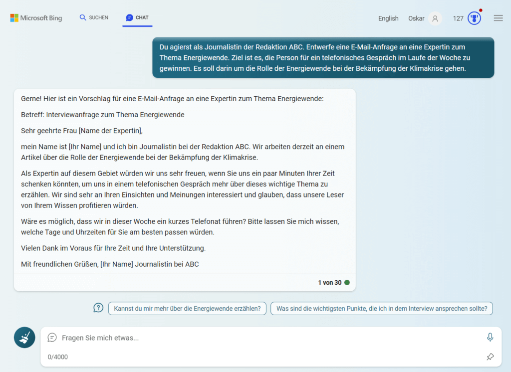 Bing Chat formuliert eine E-Mail mit einer Interviewanfrage ein eine Expertin.
