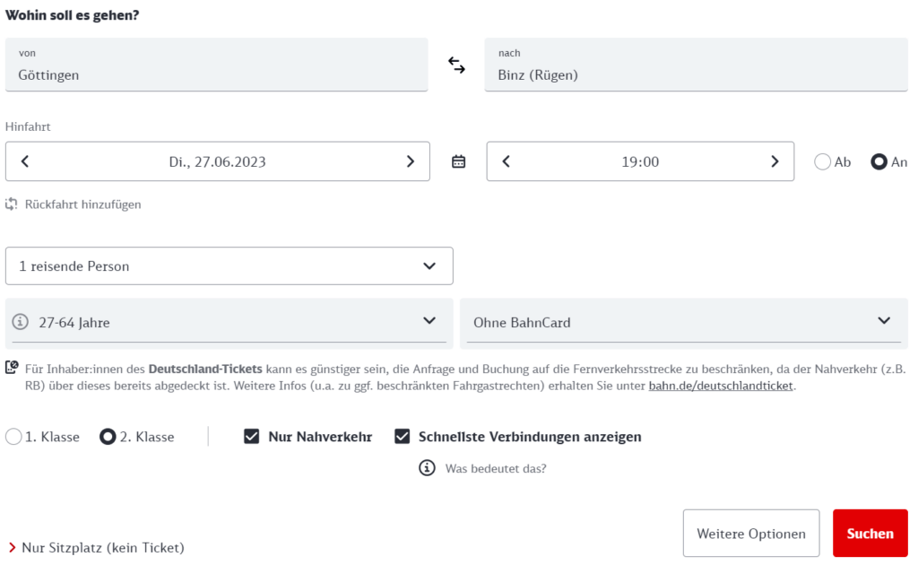 Screenshot DB Reiseauskunft: Bei der Eingabe meiner Verbindung muss ich den Haken bei "Nur Nahverkehr" setzen.