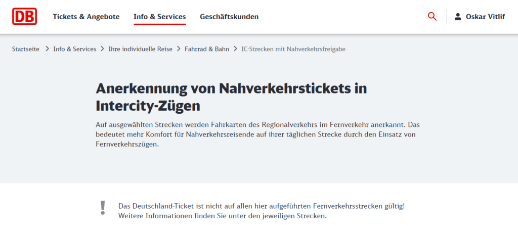 Übersicht auf der DB-Website zu Anerkennung von Nahverkehrstickets in Intercity-Zügen.