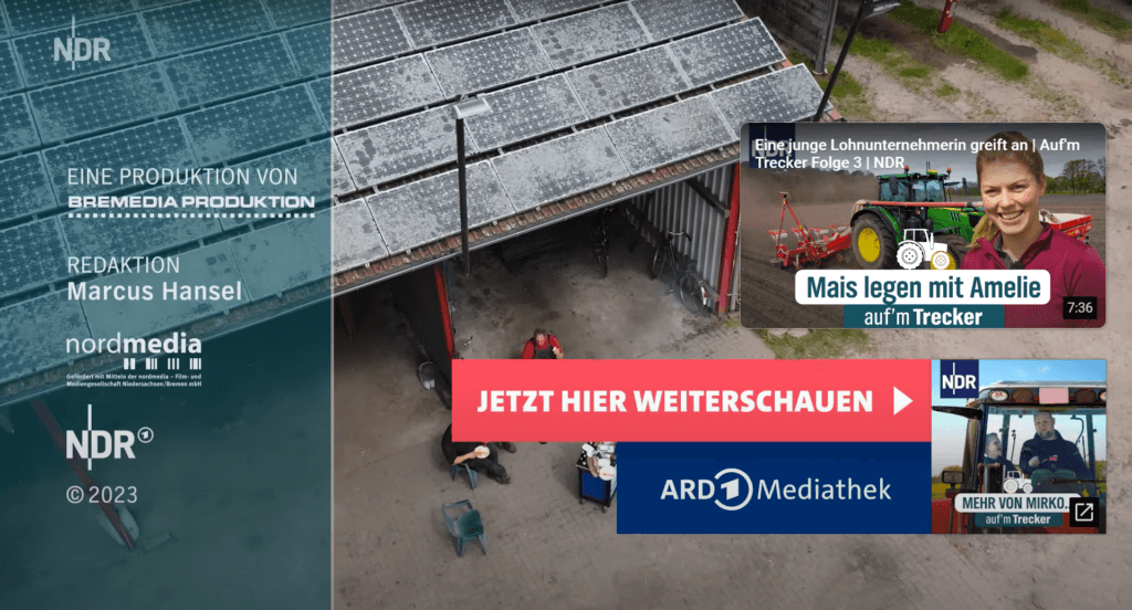 Screenshot zeigt das Ende eines YouTube-Videos des NDR. Auf der Endcard ist ein Grafik-Banner mit dem Hinweis "Jetzt Weiterschauen in der ARD-Mediathek" zu sehen.