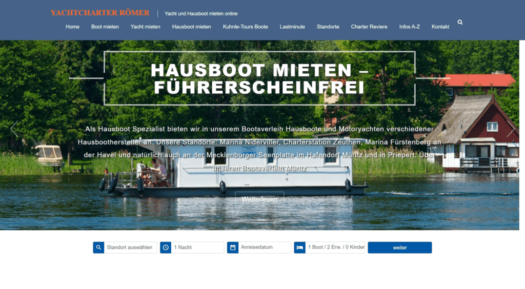 Hausboot mieten in MV: Screenshot Yachtcharter Römer