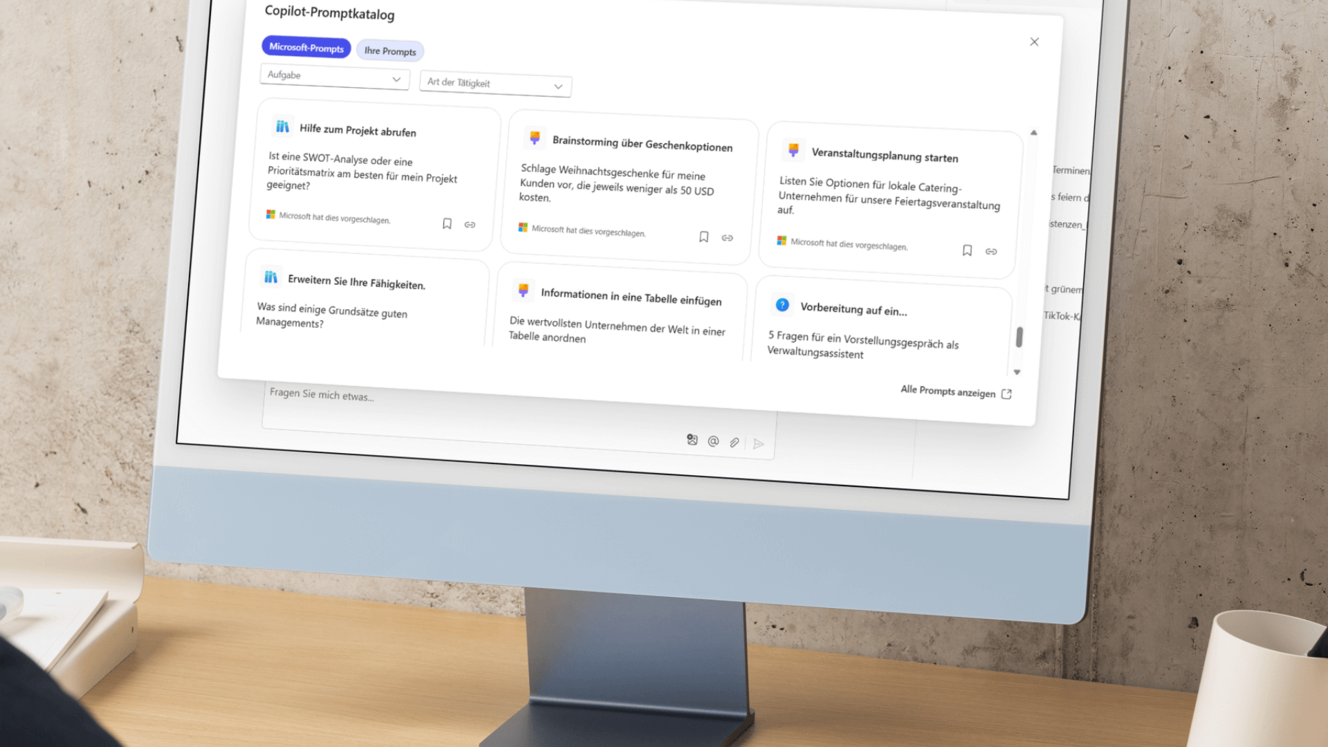 Ein Bildschirm zeigt die Promptbibliothek in Microsoft Copilot. Ich zeige, wie du deine Prompt-Vorlagen verwalten kannst.