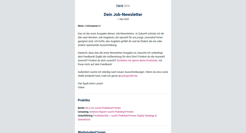 Screenshot: Die erste Ausgabe von Oskars Job-Newsletter