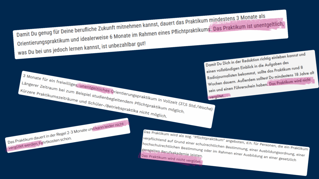 Praktikumsgehalt: Dieser Screenshot zeigt Zitate aus Stellenausschreibungen für Praktika. Viele Praktikumsstellen im Journalismus werden nicht bezahlt.