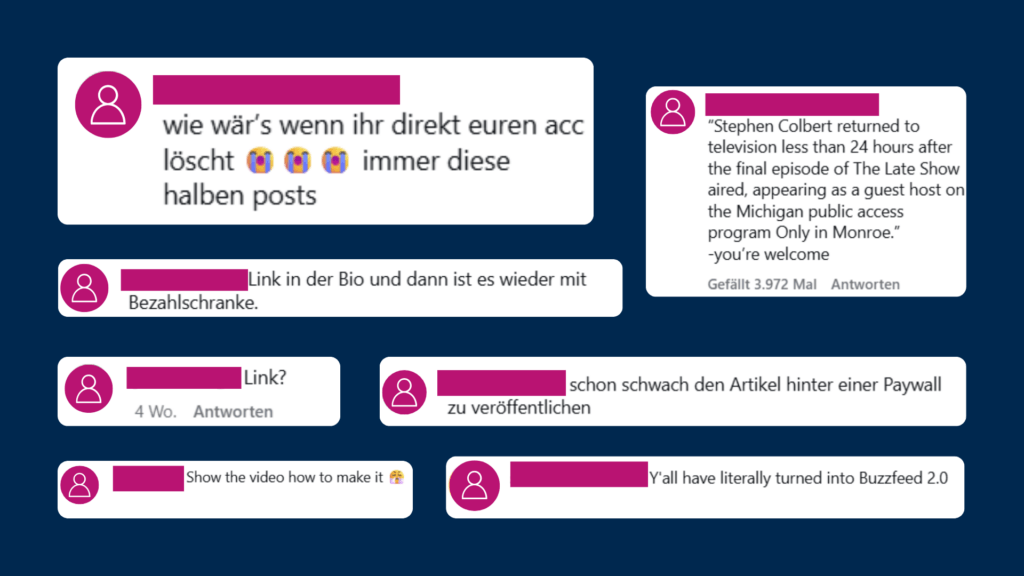 Link in Bio: User:innen äußern regelmäßig ihren Unmut, wenn wesentliche Infos nur über die Website des Medienhauses abrufbar sind. 