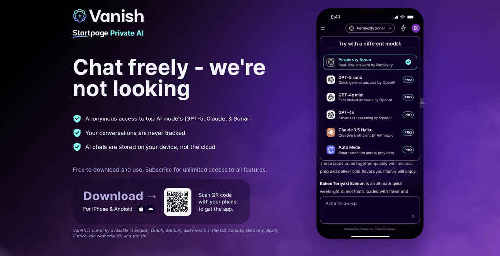 Startpage Vanish gibt es bislang nur als App